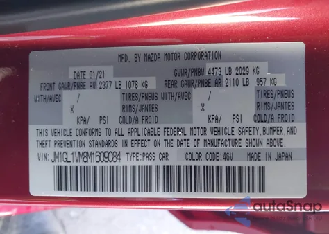 2021 Mazda Mazda6 Touring z USA, uszkodzony, nr VIN JM1GL1VM8M1609084